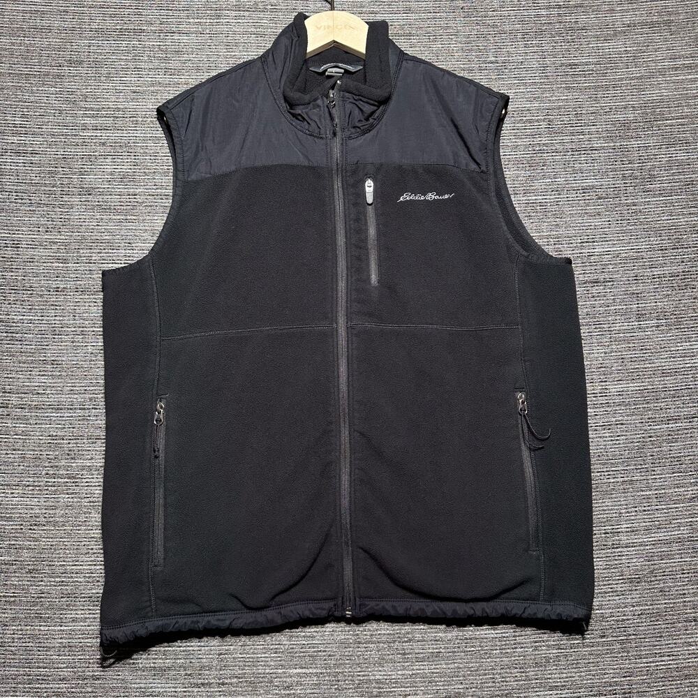 Eddie Bauer Vest Men's L Black Fleece Full Zip Pockets Casual Hiking Polartec